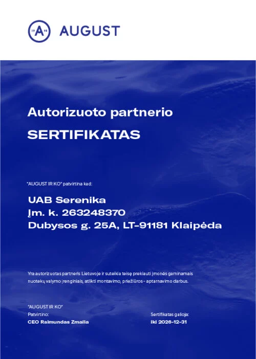 UAB Serenika autorizuoto AUGUST partnerio sertifikatas